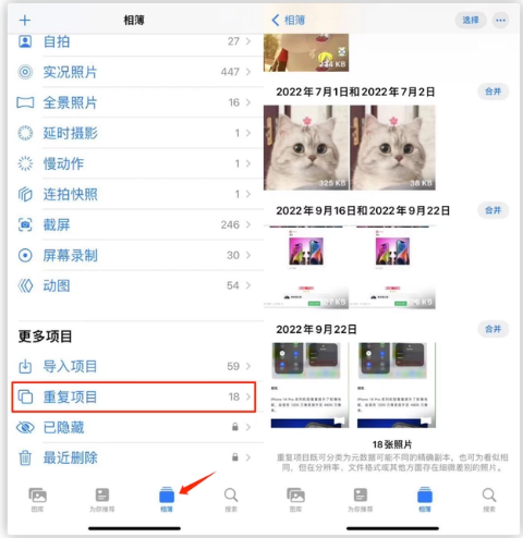 旌德苹果手机维修分享iOS 16 中相册重复项目功能使用方法 